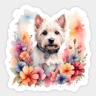 A west highland white terrier decorated with beautiful watercolor flowers Sticker